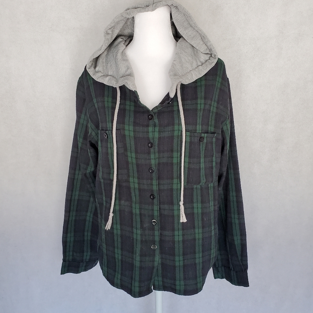 Green Plaid Gray Hooded Button-Down Size Medium